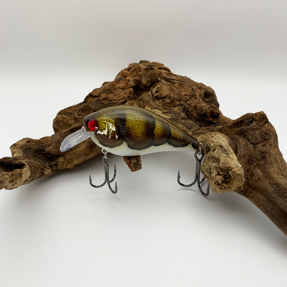 Fishing Lure 2.5 Square Bill Type KO Craw Root Beer Red Eyes Crankbait 2.5 Square Bill Lure  5/8 oz.  2-3/4″ Length  Shallow Diving Depth 1′-4′  Floating Lure  Rattling  Hyper Wire Stainless Split Rings  4X Strong Short Shank Black Nickel Hooks  Similar to the Lucky Craft 2.5 Square Bill